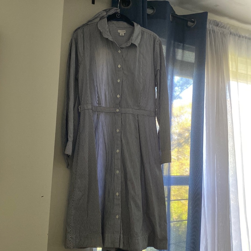 J by J. Crew Tie Waist Dress Shirt Dress (navy w/ stripes)